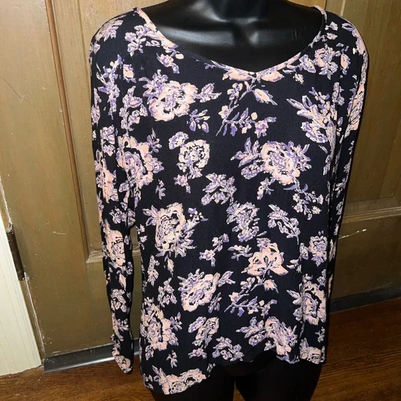 LAST CALL Billabong Distant Road Black Pink V Neck Floral Long Sleeve Top Size L - Picture 4 of 8